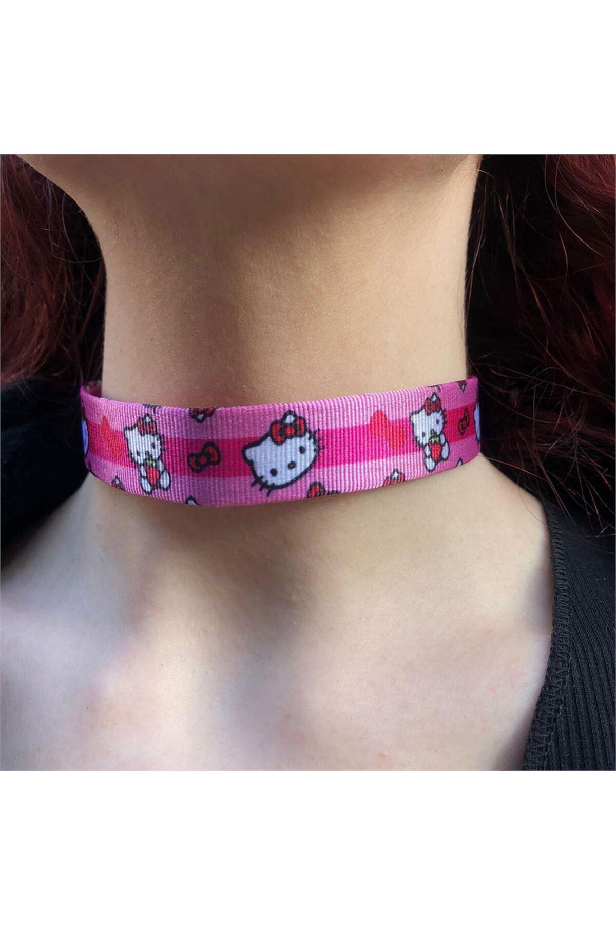 Pembe Hello Kitty Çilek-Kurdele Kolaj Tasma