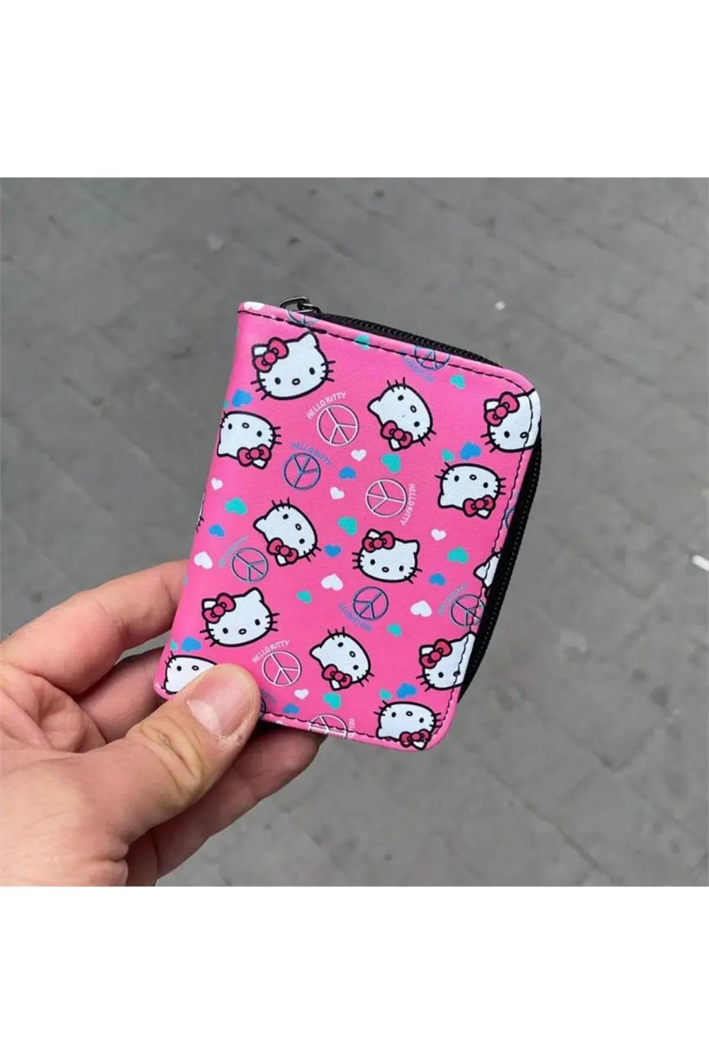 Pembe Hello Kitty Peace Kolaj Kısa Cüzdan