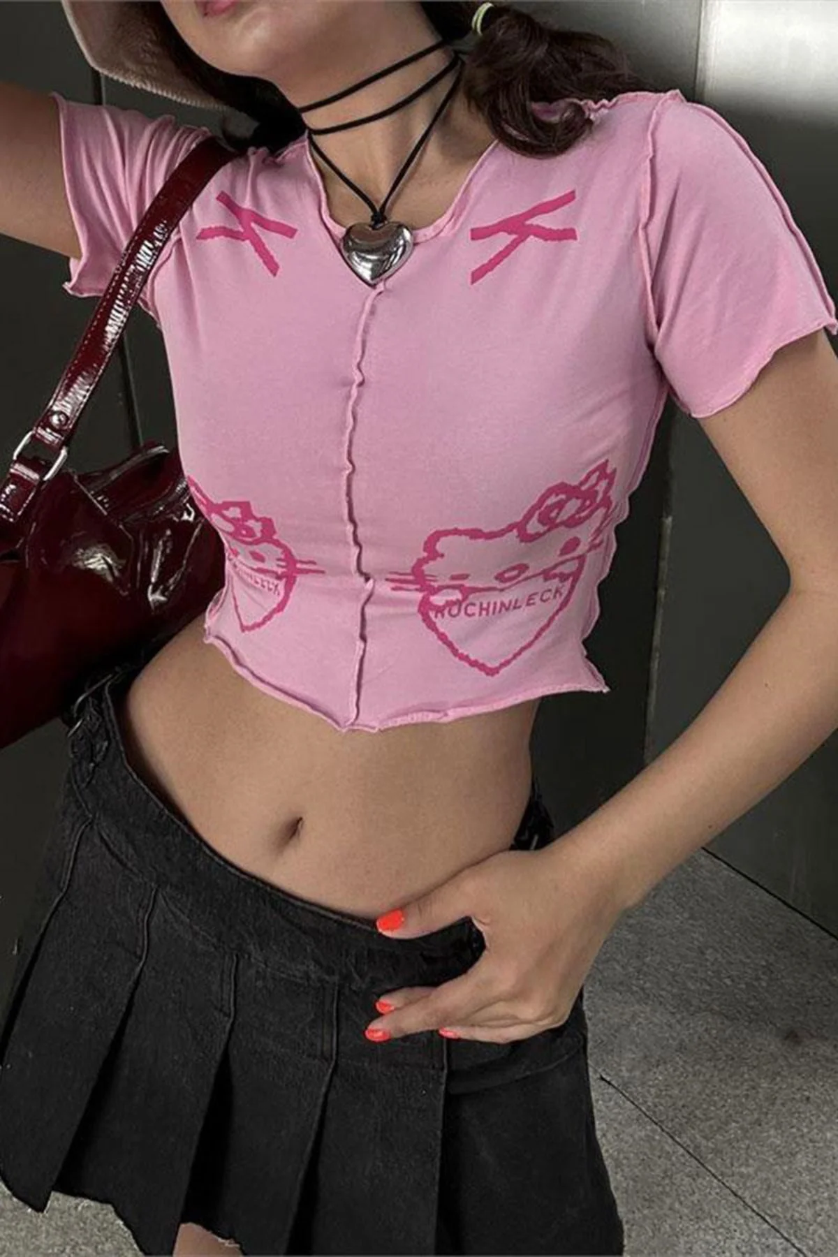 Pembe Hello Kitty - Ruchinleck Grunge Y2K Kısa Kollu Crop