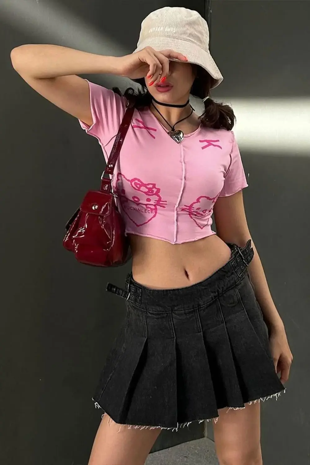Pembe Hello Kitty - Ruchinleck Grunge Y2K Kısa Kollu Crop
