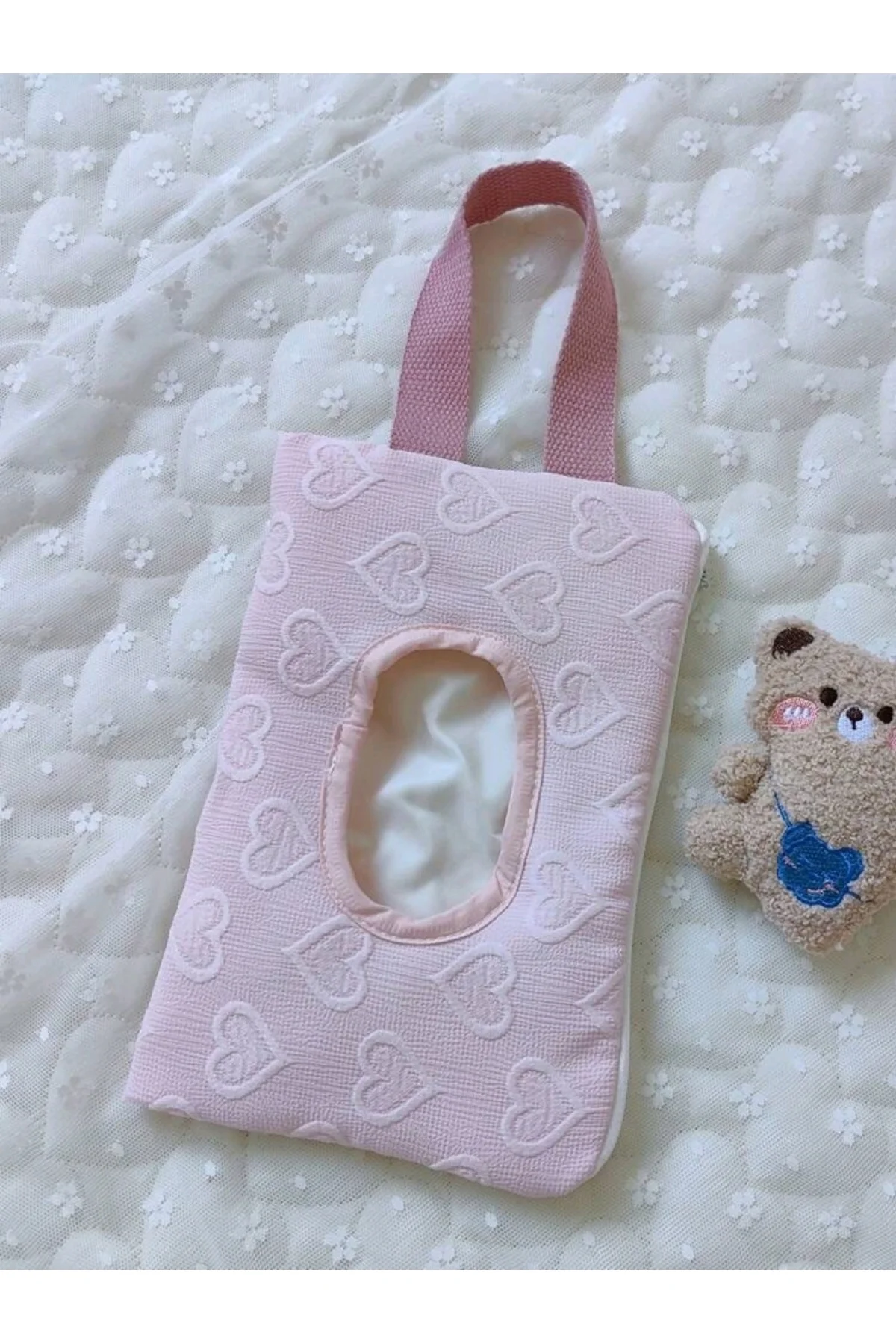 Pembe Kalp Desenli Kumaş Islak Mendil Çantası - Görsel 2