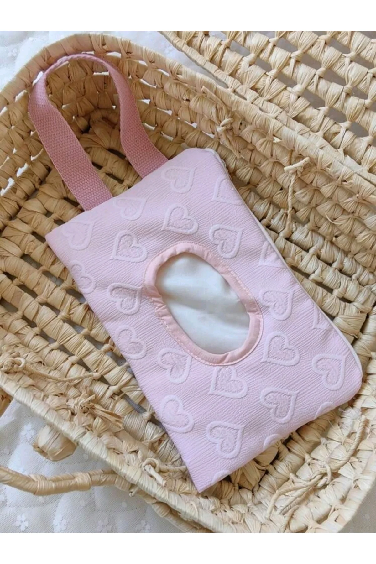 Pembe Kalp Desenli Kumaş Islak Mendil Çantası - Görsel 4