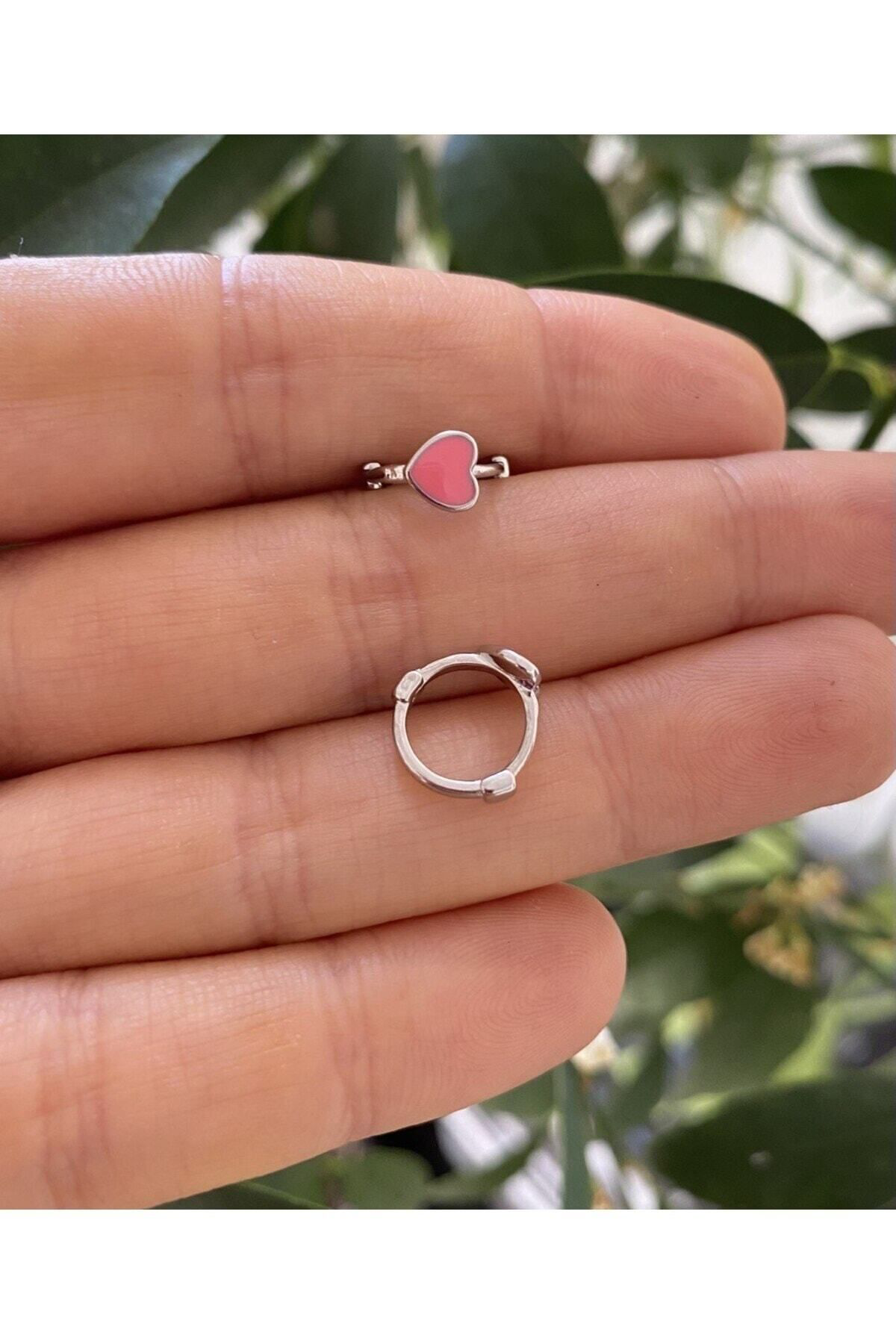 Arescollection Pembe Kalp Figürlü Tragus Helix Lobe Uyumlu Mini Halka Piercing K