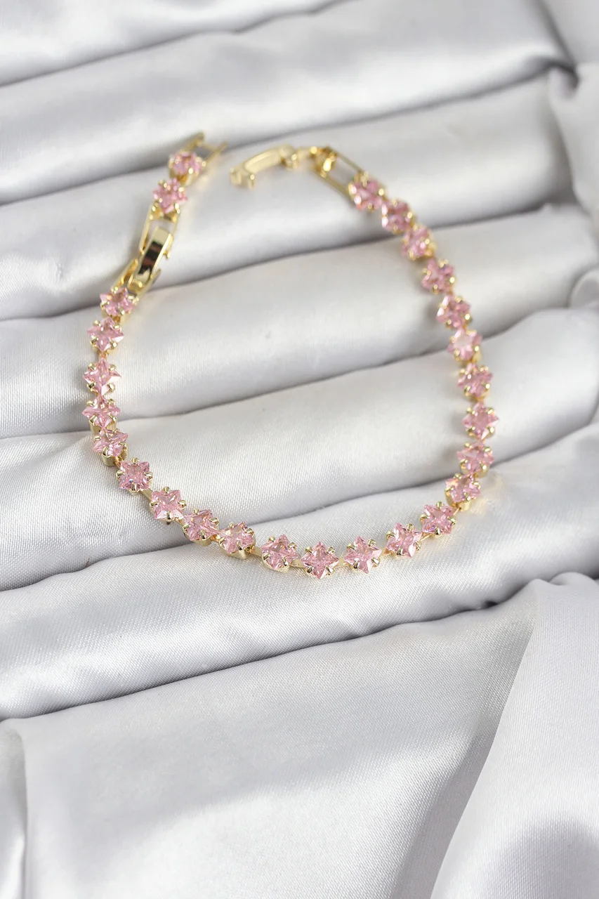 Pembe Kare Zirkon Taşlı Gold Renk Pirinç Su Yolu Kadın Bileklik - Lisinya Diğer