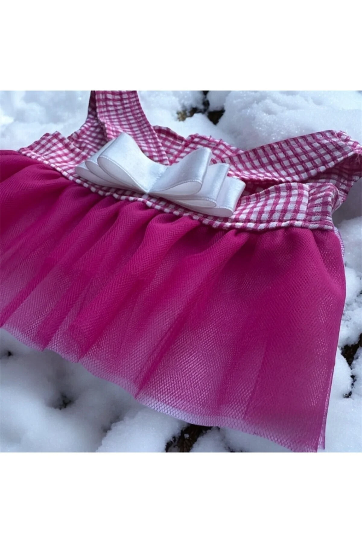 Pembe Kareli Fiyonklu Tüllü Kedi Köpek Kıyafeti Elbisesi XSMALL/X