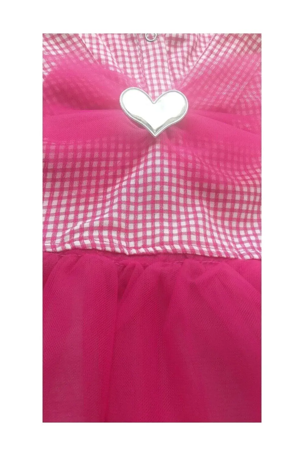 Pembe Kareli Kalpli Tüllü Kedi Köpek Kıyafeti Elbisesi