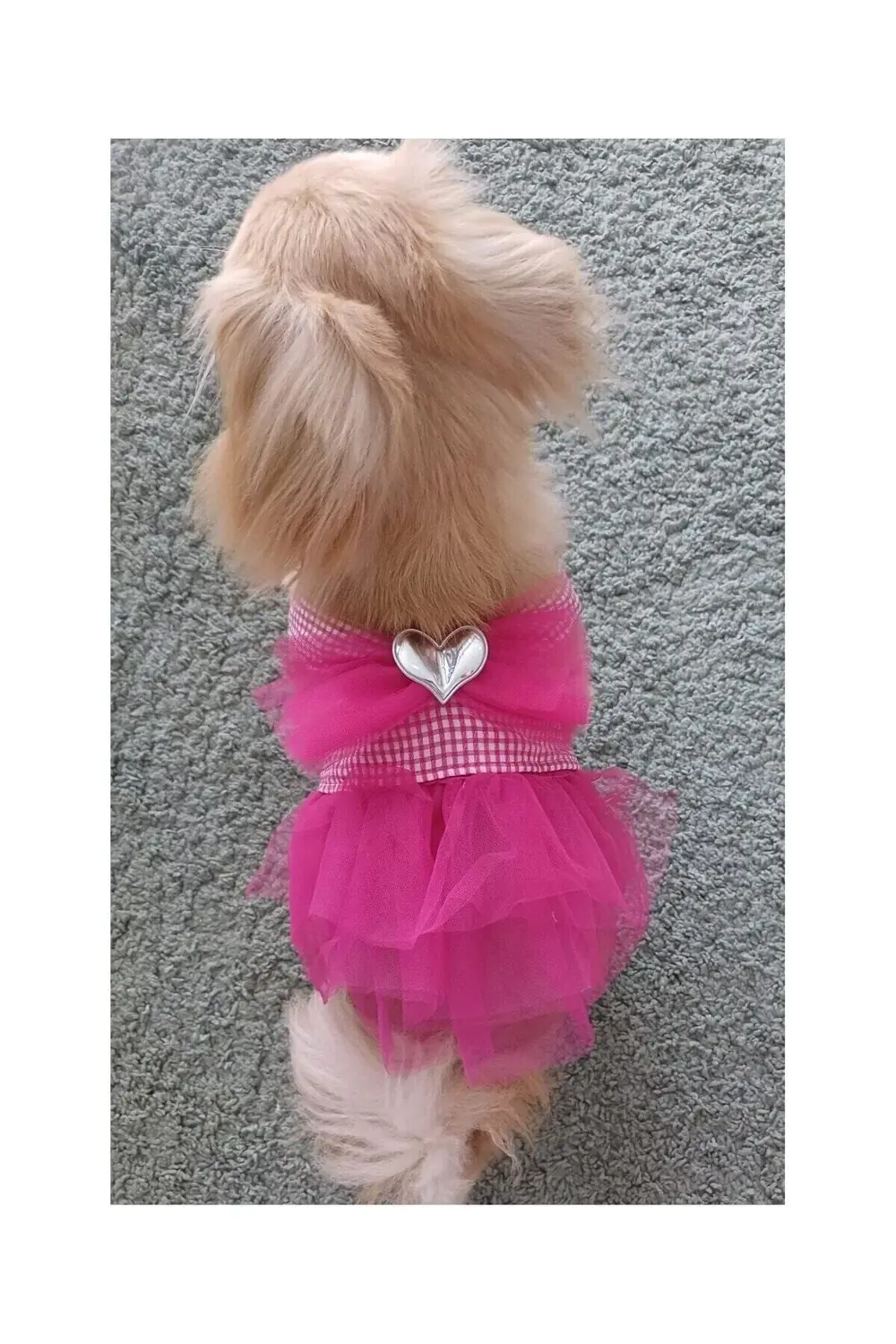 Pembe Kareli Kalpli Tüllü Kedi Köpek Kıyafeti Elbisesi