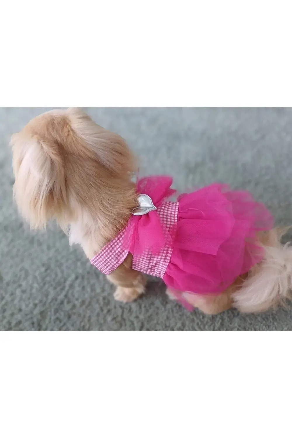 Pembe Kareli Kalpli Tüllü Kedi Köpek Kıyafeti Elbisesi