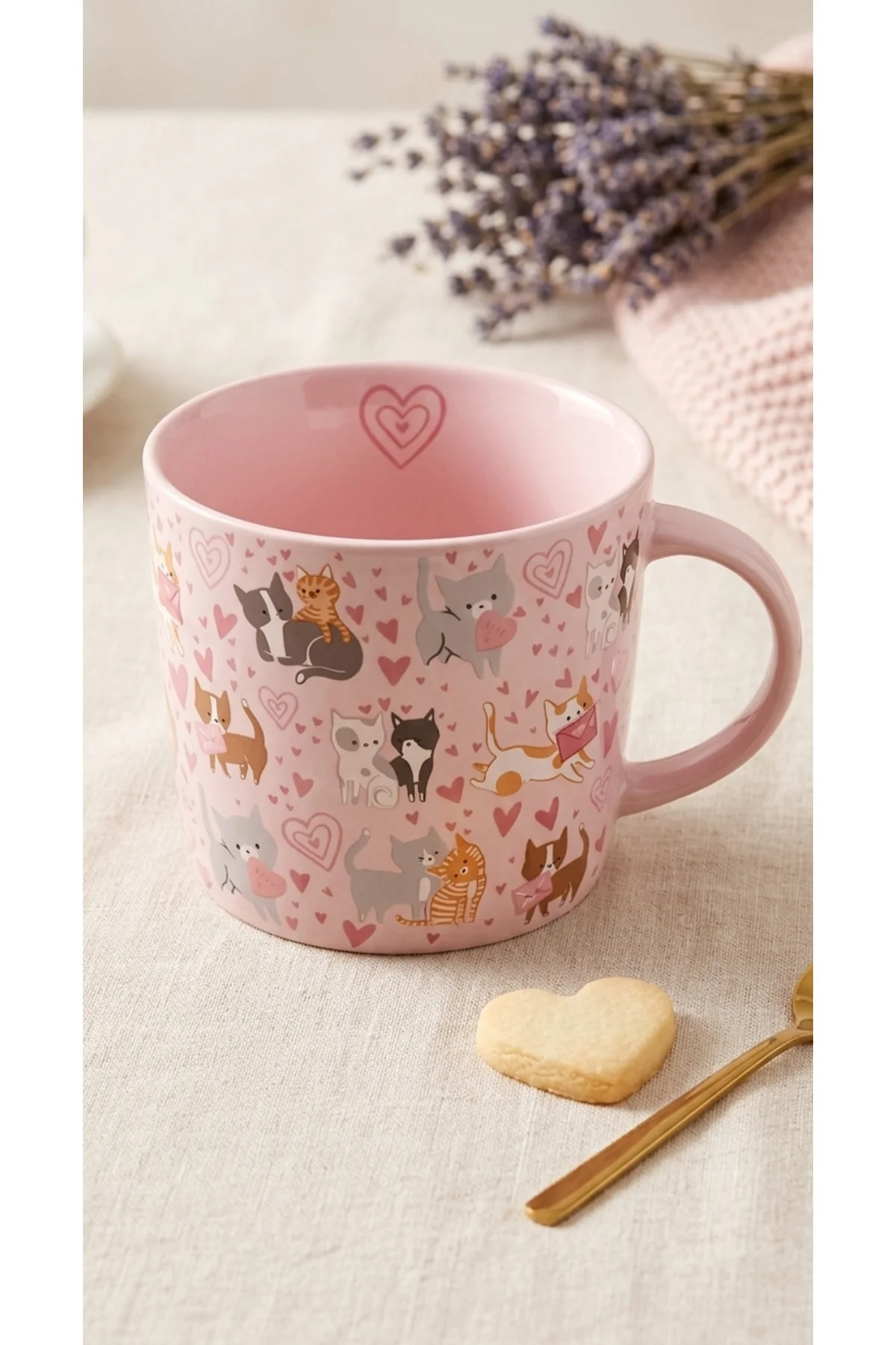 Pembe Kedi Desenli Seramik Kupa