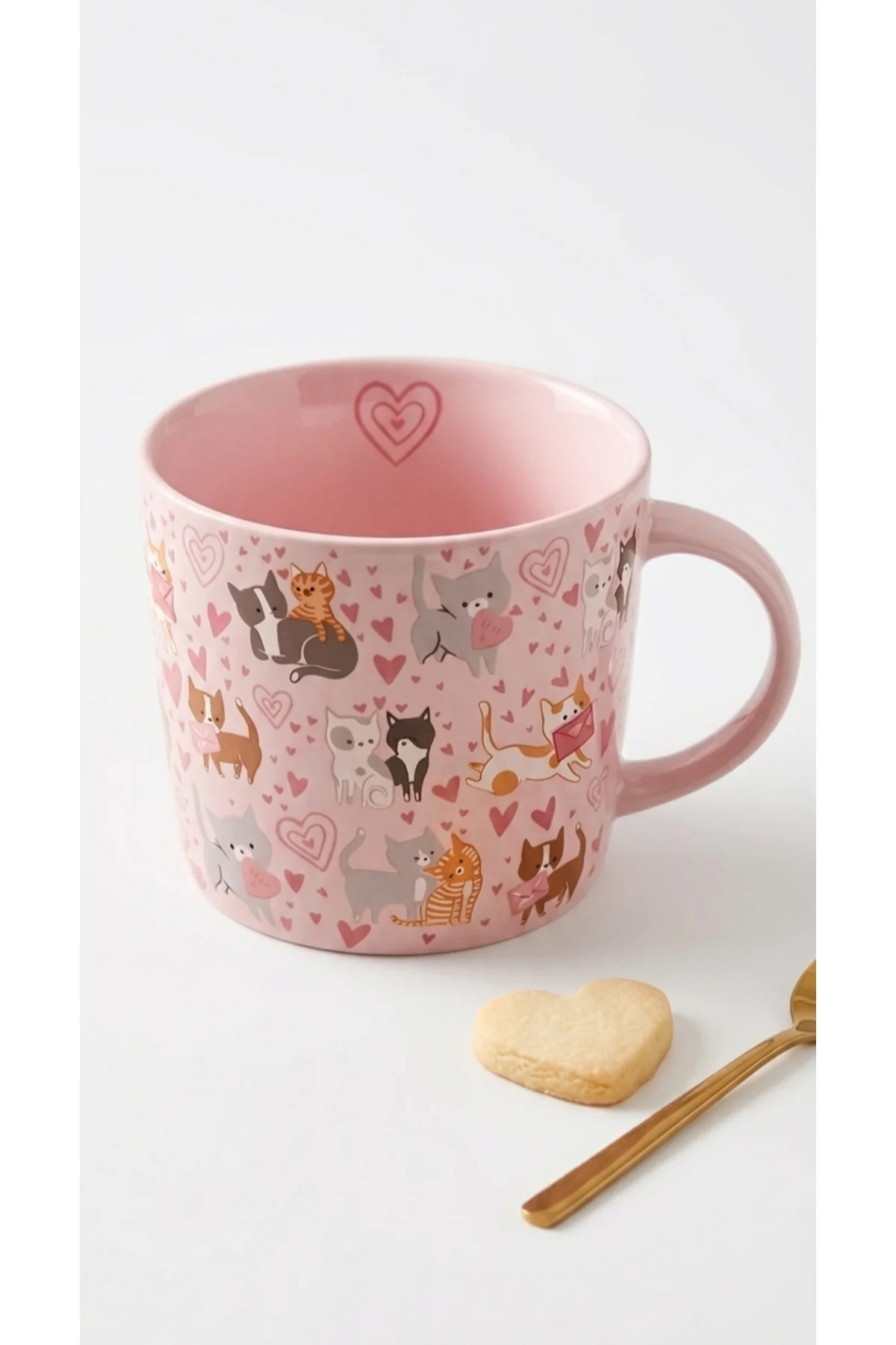 Pembe Kedi Desenli Seramik Kupa