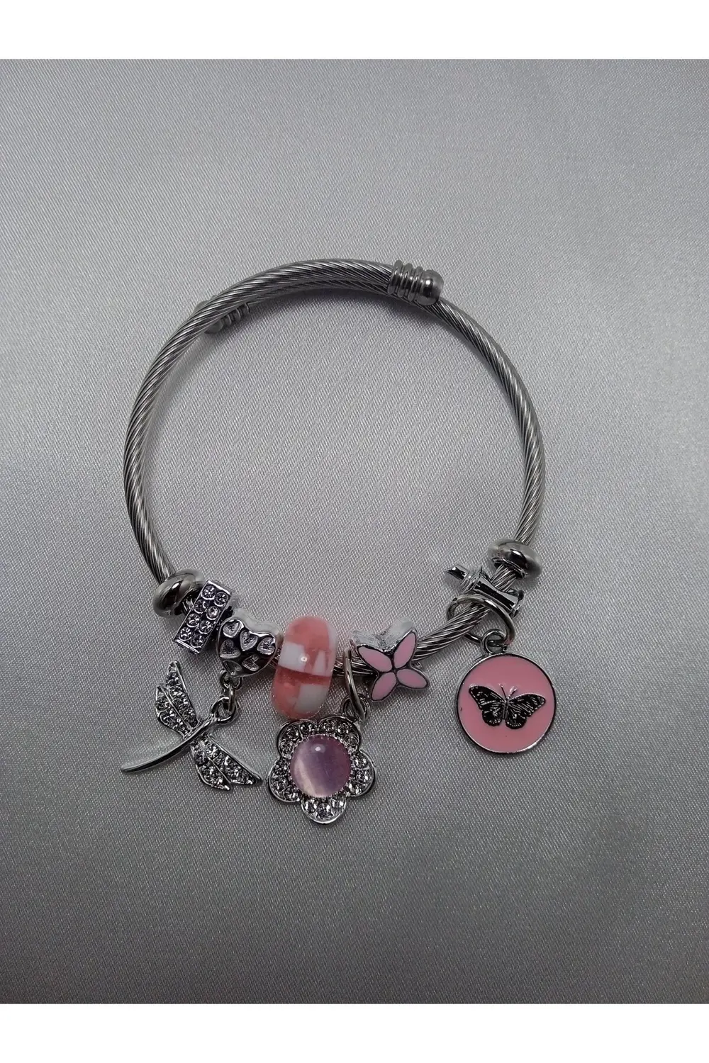 Pembe kelebek çelik charm bileklik