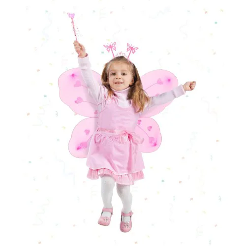 Pembe Kelebek Kız Seti – 50 cm Kelebek Kanadı, Taç ve Asa