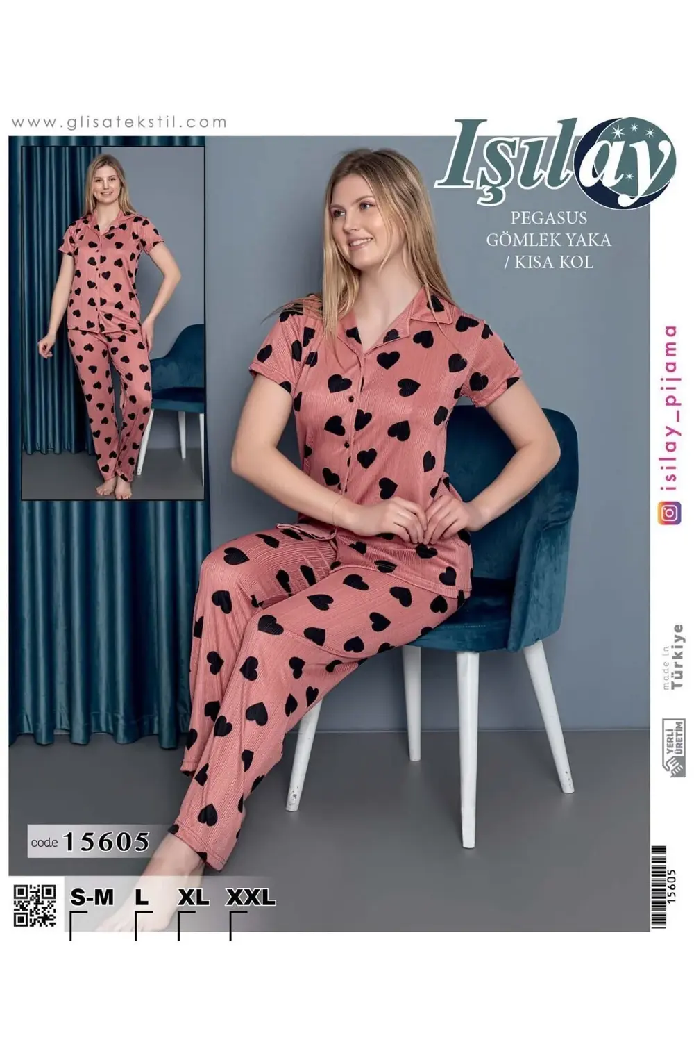 Pembe Kısa Kol Gömlek Yaka Pijama Takım
