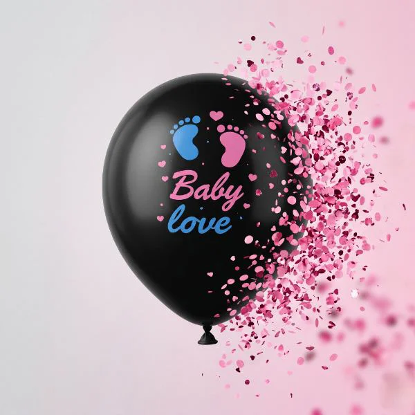 Pembe Konfetili Siyah Latex Cinsiyet Balonu Baby Love Baskılı