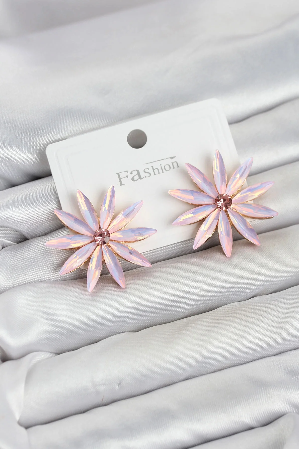 Pembe Kristal Taşlı Lotus Model Kadın Küpe