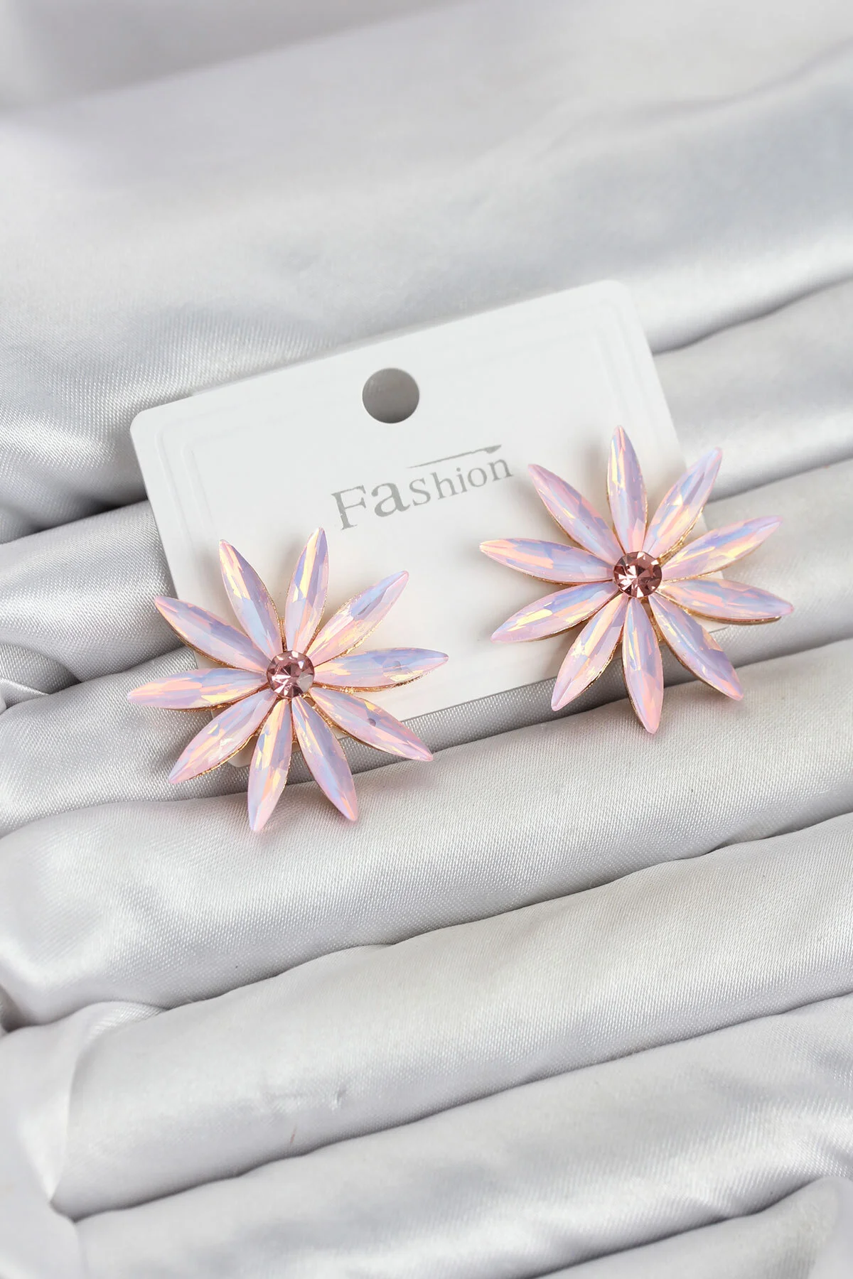 Pembe Kristal Taşlı Lotus Model Kadın Küpe