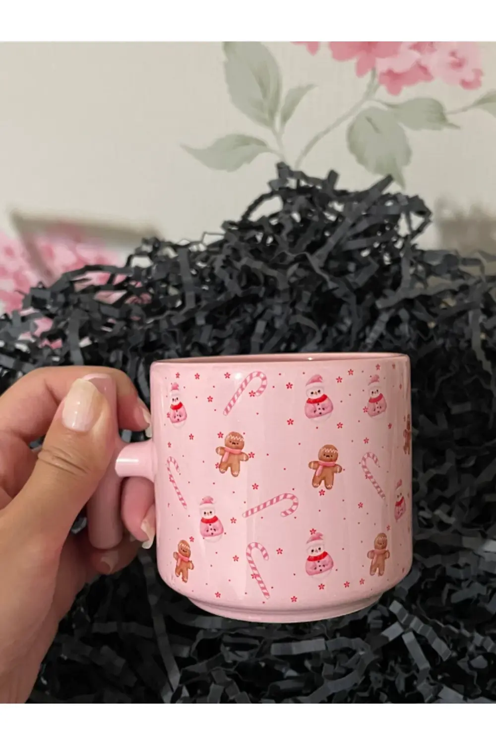 Pembe Kupa Bardak - Yılbaşı Ağacı, Kardan Adam, Kurabiye Desenli,