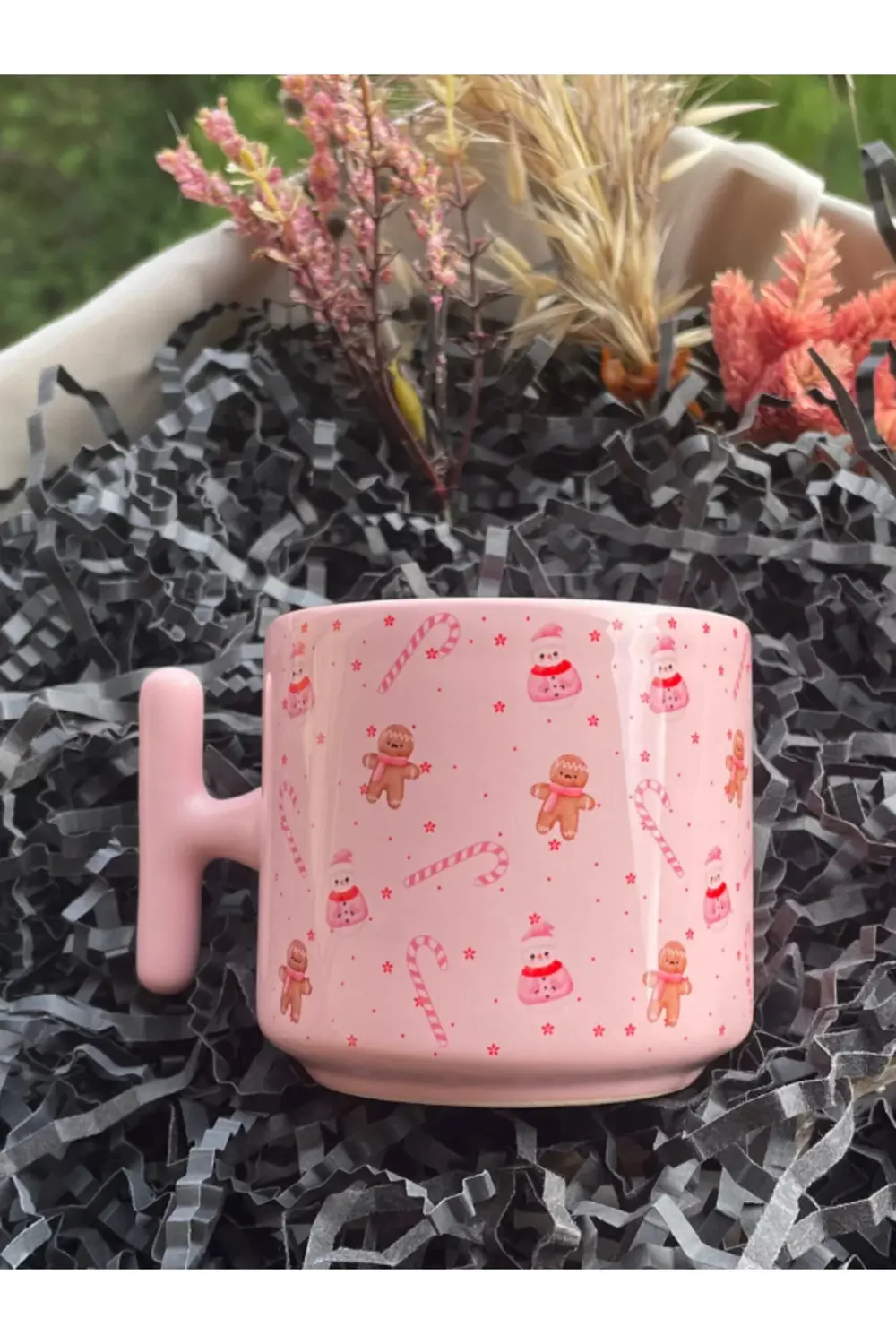 Pembe Kupa Bardak - Yılbaşı Ağacı, Kardan Adam, Kurabiye Desenli,