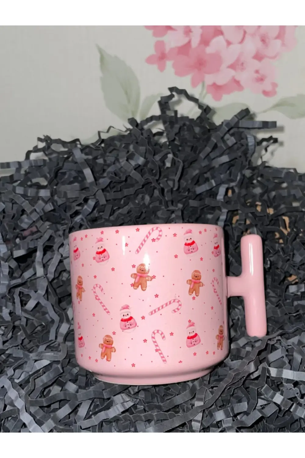 Pembe Kupa Bardak - Yılbaşı Ağacı, Kardan Adam, Kurabiye Desenli,