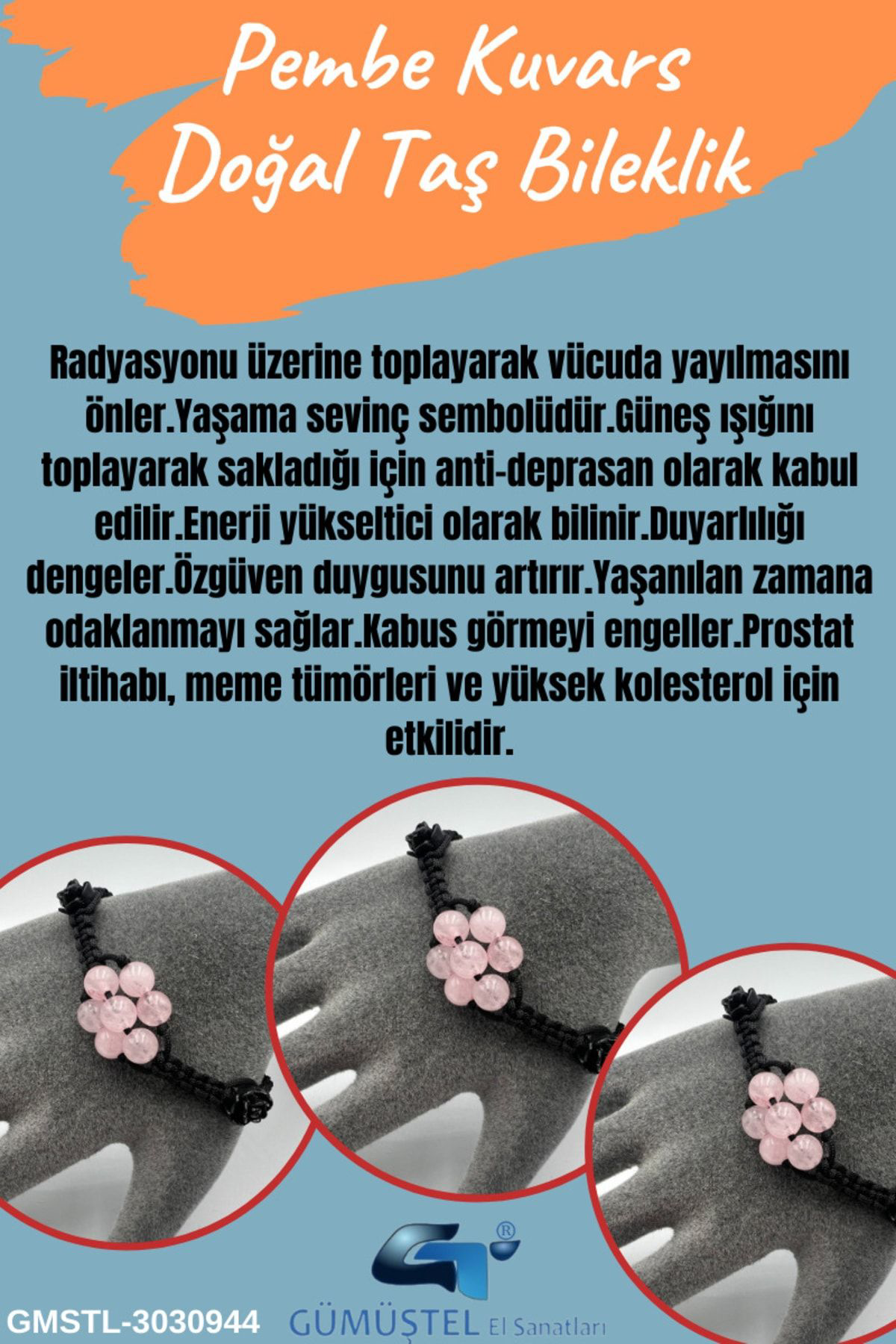 Pembe Kuvars Doğal Taş Bileklik Asansörlü Kilit Sistemi Aaa Kalit