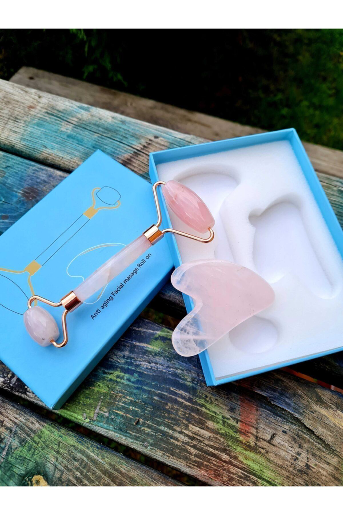 Pembe Kuvars Masaj Taşı Roller Ve Pembe Kuvars Taşı Gua Sha (kalp