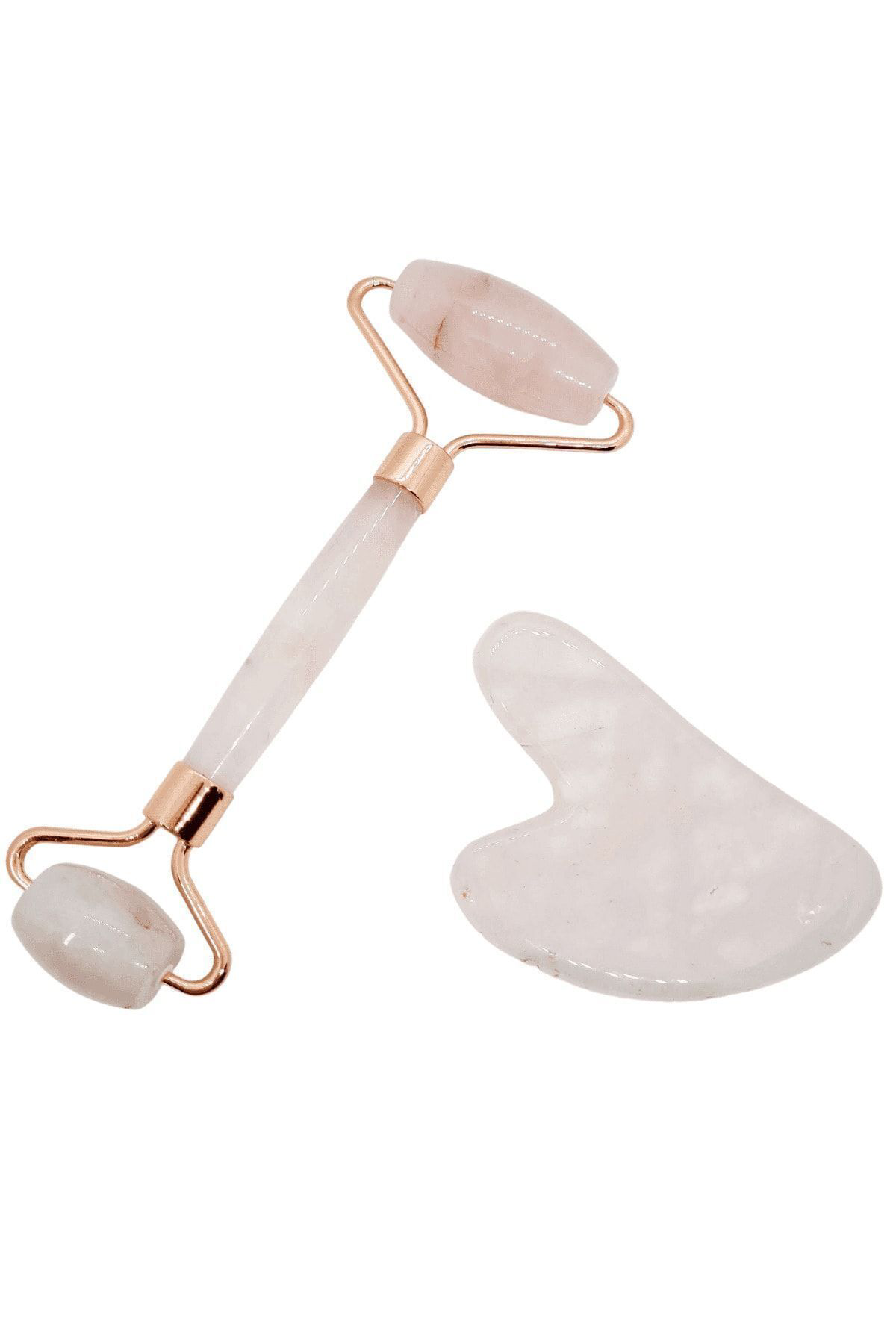 Pembe Kuvars Masaj Taşı Roller Ve Pembe Kuvars Taşı Gua Sha (kalp