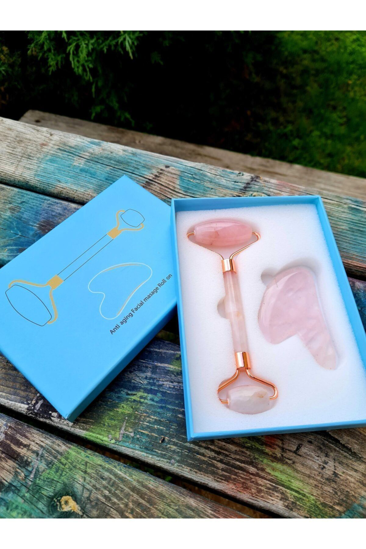 Pembe Kuvars Masaj Taşı Roller Ve Pembe Kuvars Taşı Gua Sha (kalp