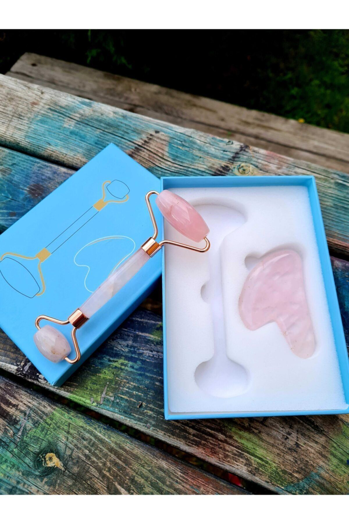 Pembe Kuvars Masaj Taşı Roller Ve Pembe Kuvars Taşı Gua Sha (kalp