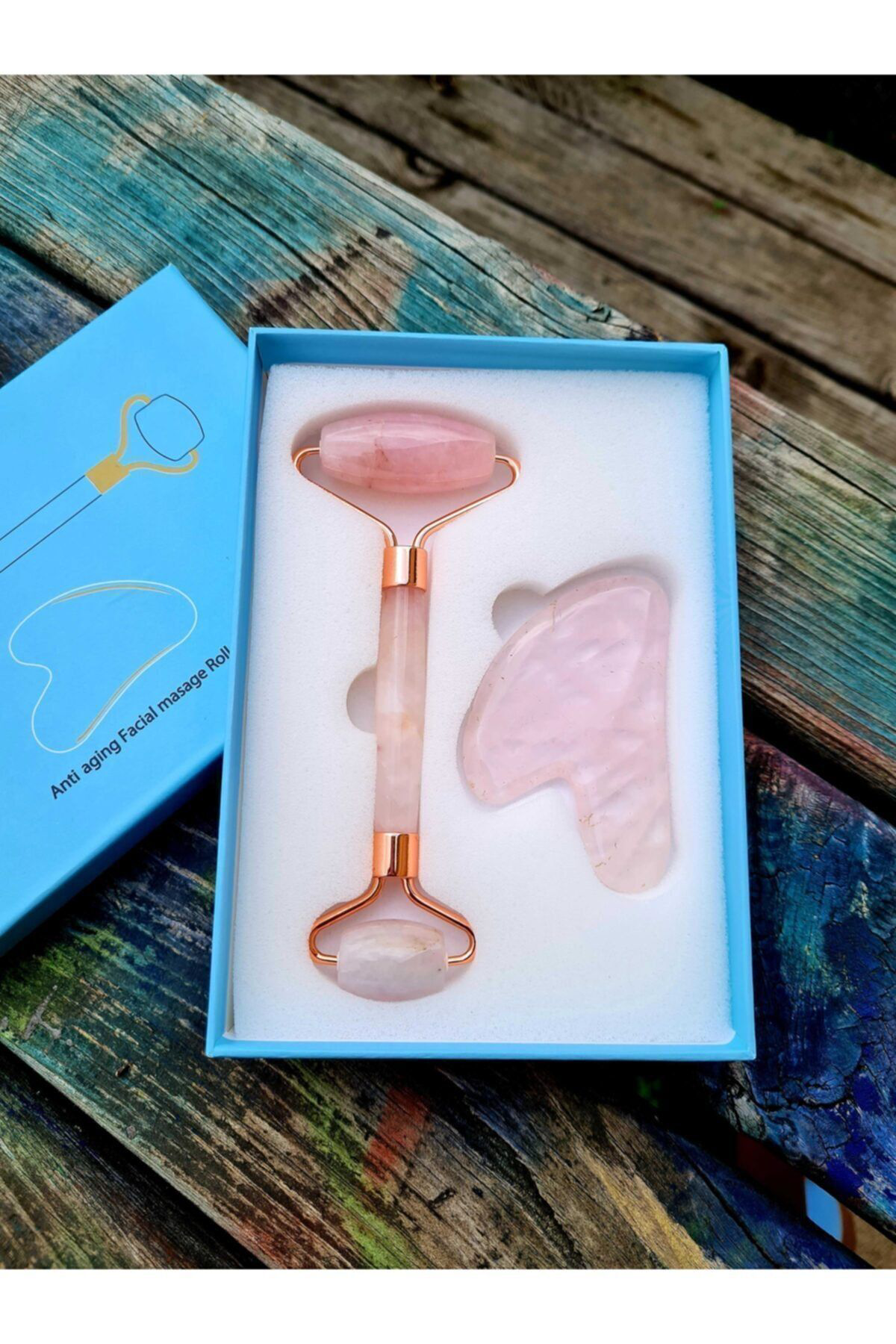 Pembe Kuvars Masaj Taşı Roller Ve Pembe Kuvars Taşı Gua Sha (kalp