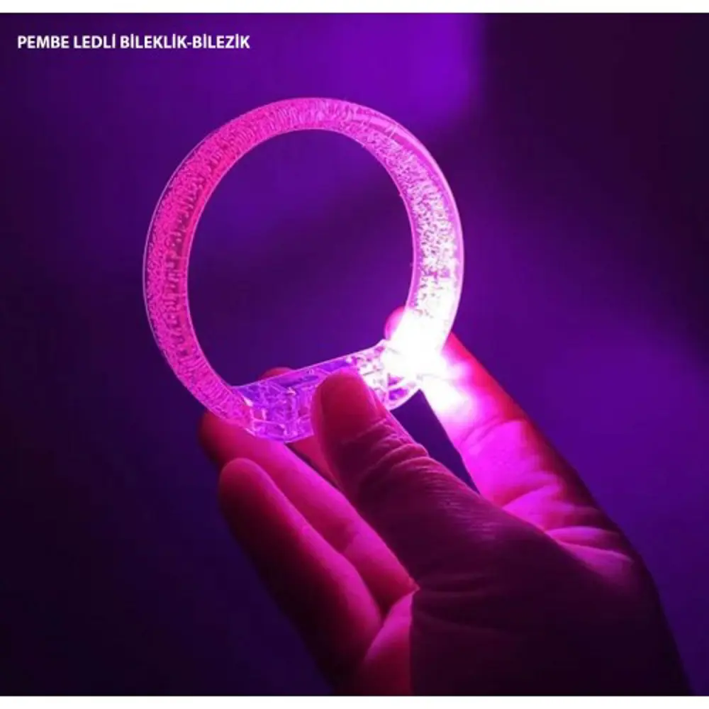 Pembe Led Işıklı Baskı Yapılabilen Pilli Bileklik Bilezik 1,5 cm 