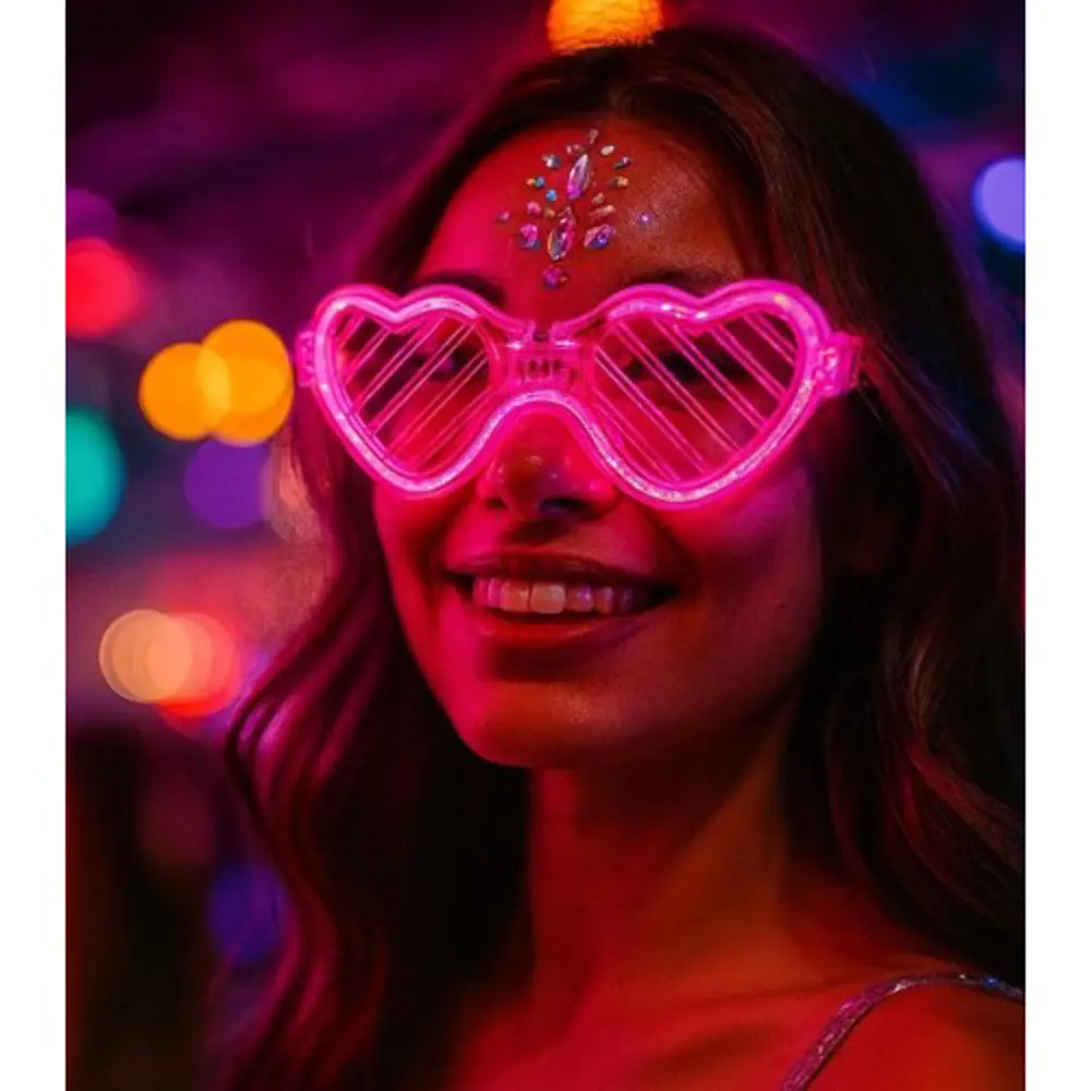 Pembe LED Işıklı Kalp Gözlük – 3 Modlu Parti &amp; Glow Gözlüğü