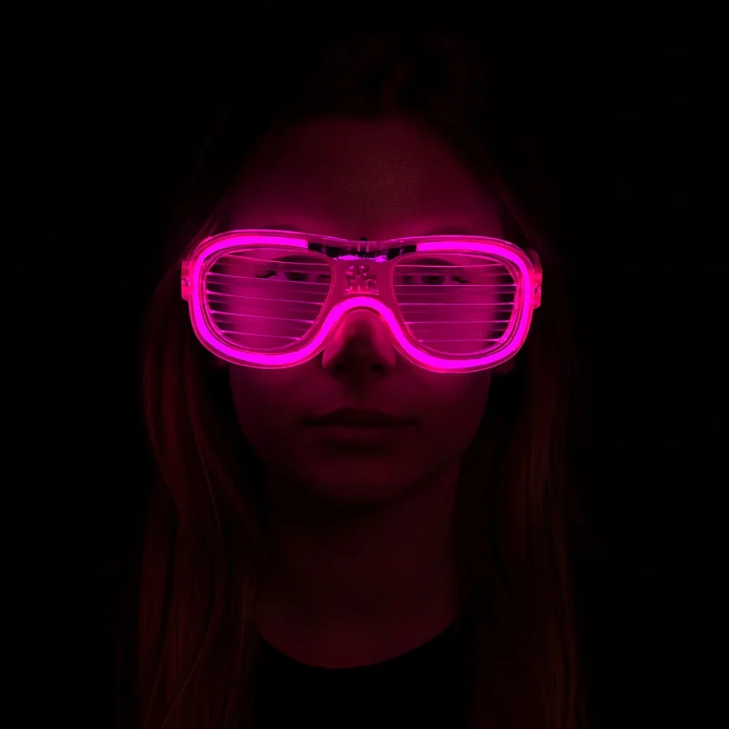 Pembe Led Işıklı Parti Gözlüğü - Neon Glow Şerit Gözlük 3 Modlu