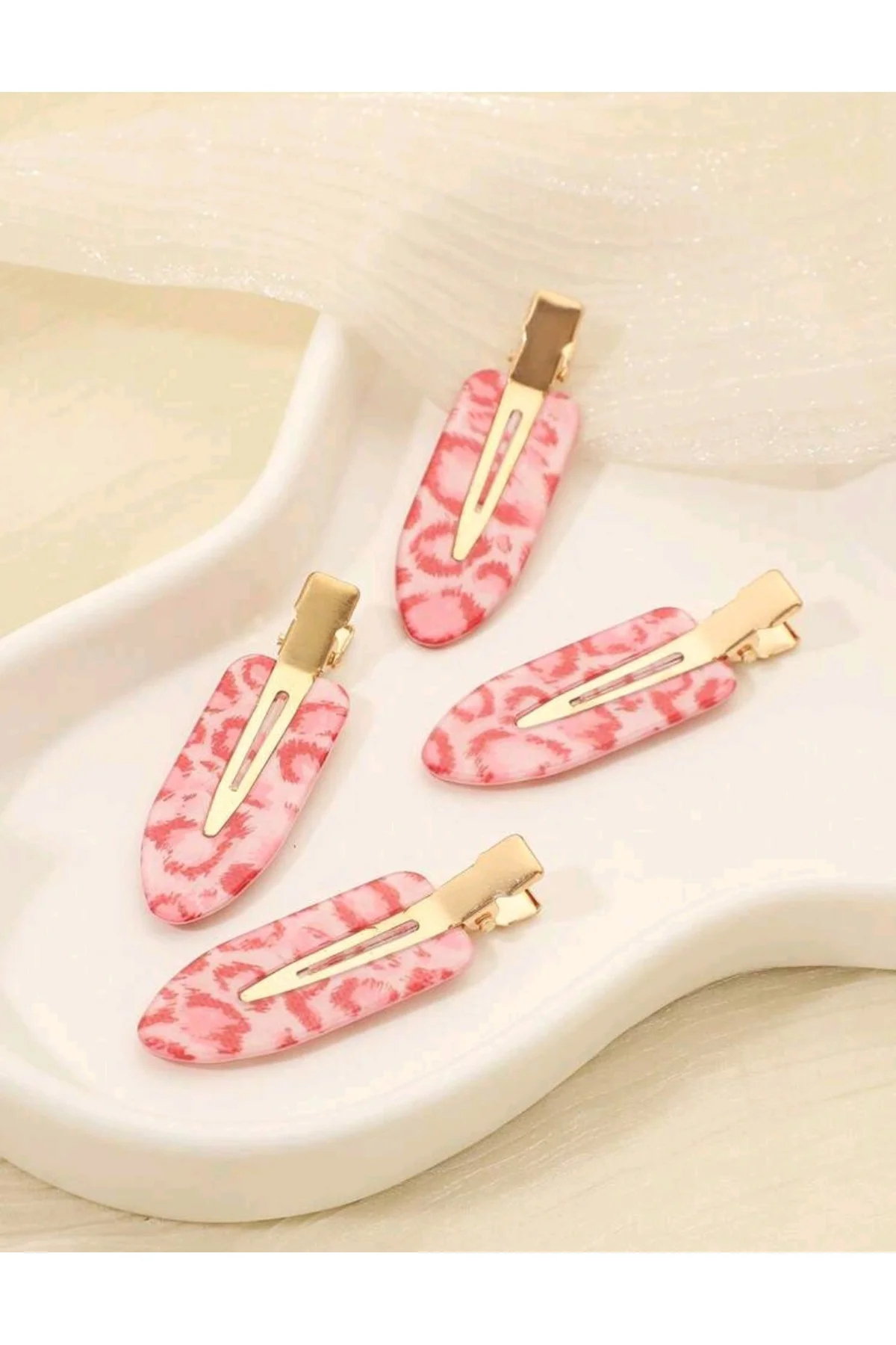 Pembe Leopar Desenli Kawaii Çıt Çıt 4'lü Makyaj Tokası