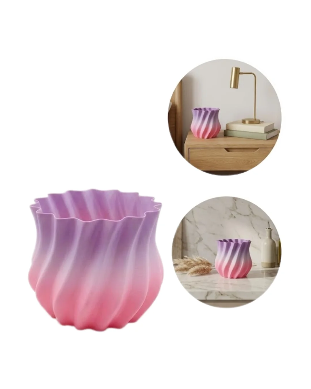 Pembe Lila Degrade Kıvrımlı 3D Vazo Estetik Ev Ofis Dekoru