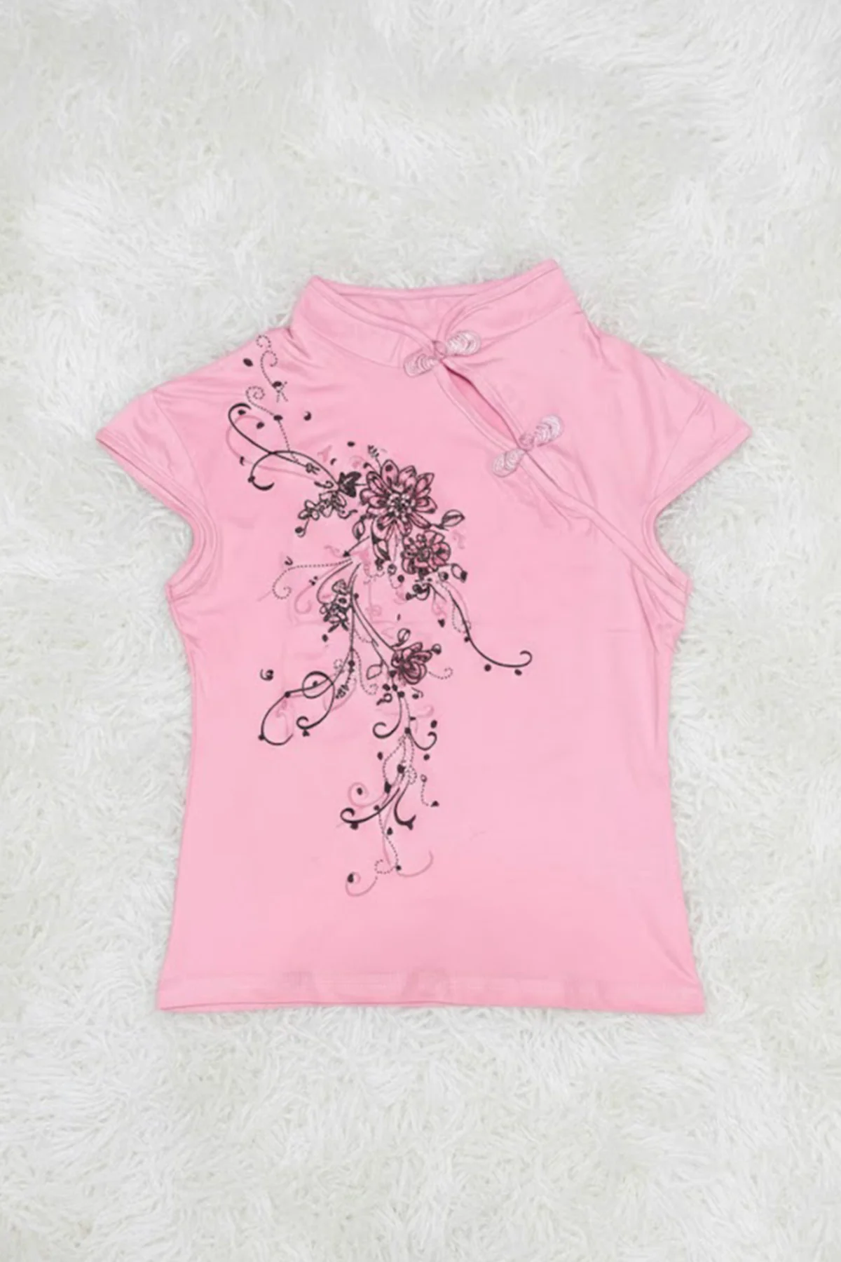 Pembe Mandarin Yaka Çiçekli Qipao Vintage Y2K Kısa Kollu Crop
