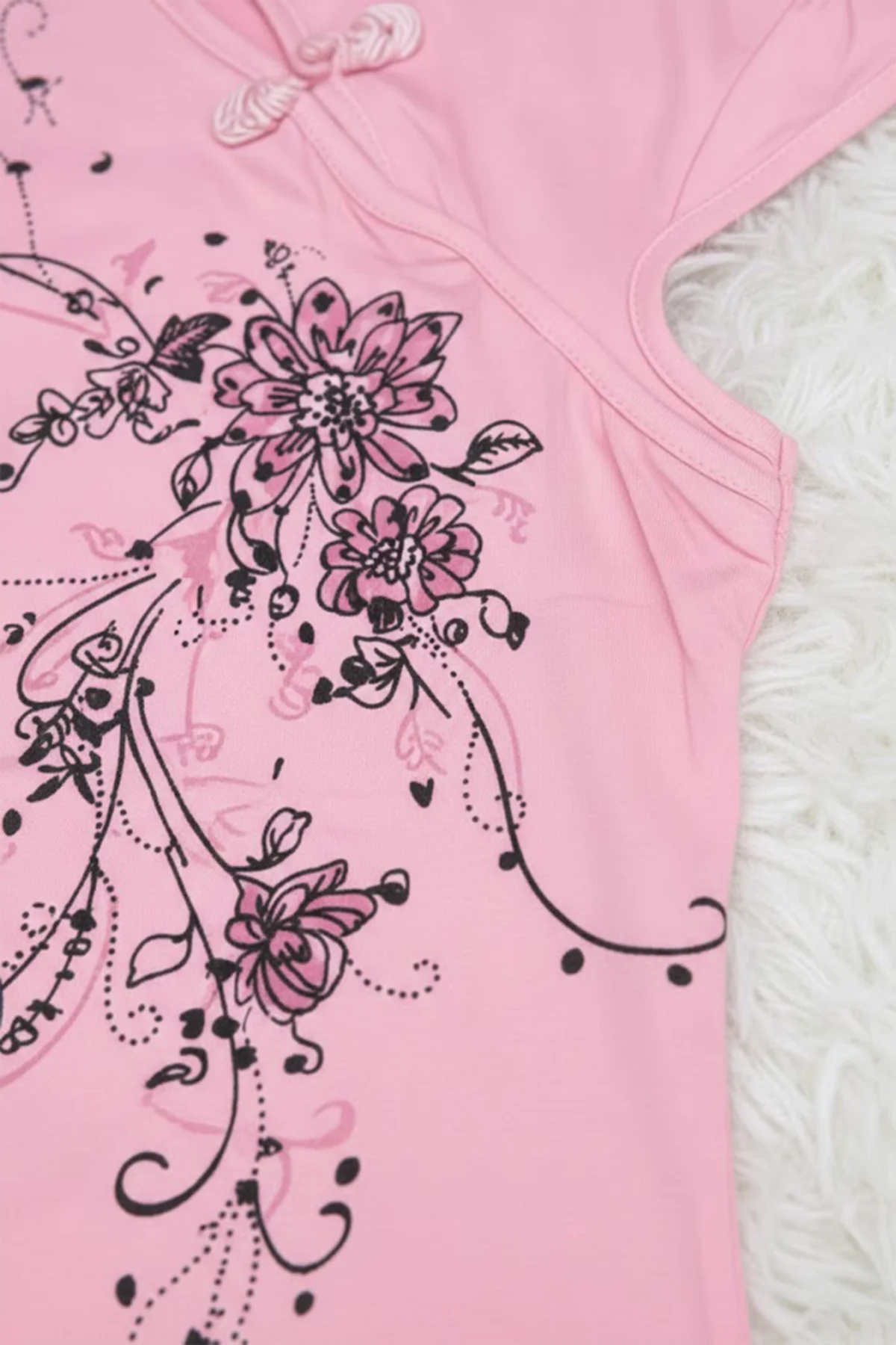 Pembe Mandarin Yaka Çiçekli Qipao Vintage Y2K Kısa Kollu Crop