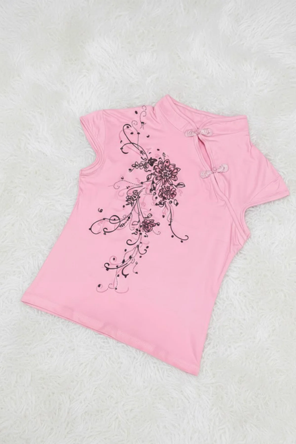 Pembe Mandarin Yaka Çiçekli Qipao Vintage Y2K Kısa Kollu Crop