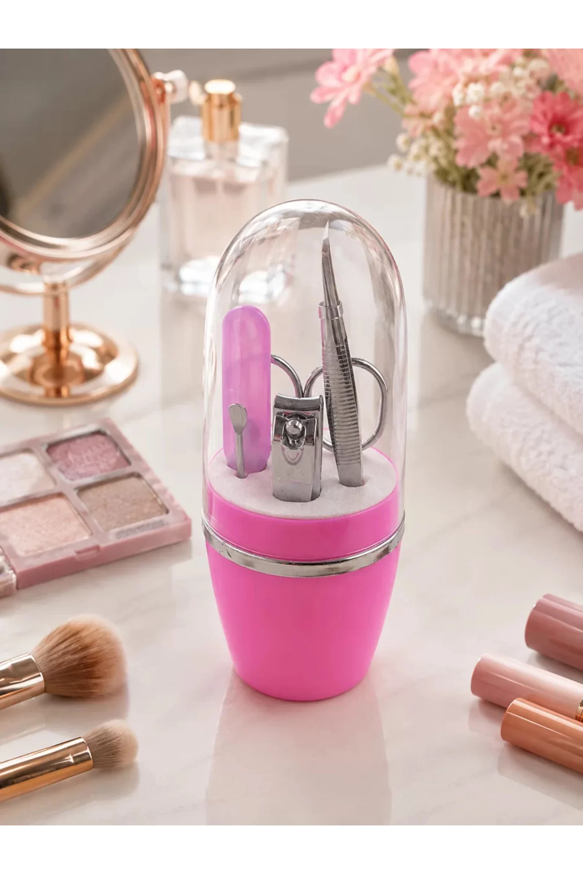 Pembe Manikür Pedikür Bakım Seti Cımbız Tırnak Makası Makas Törpü - Görsel 2