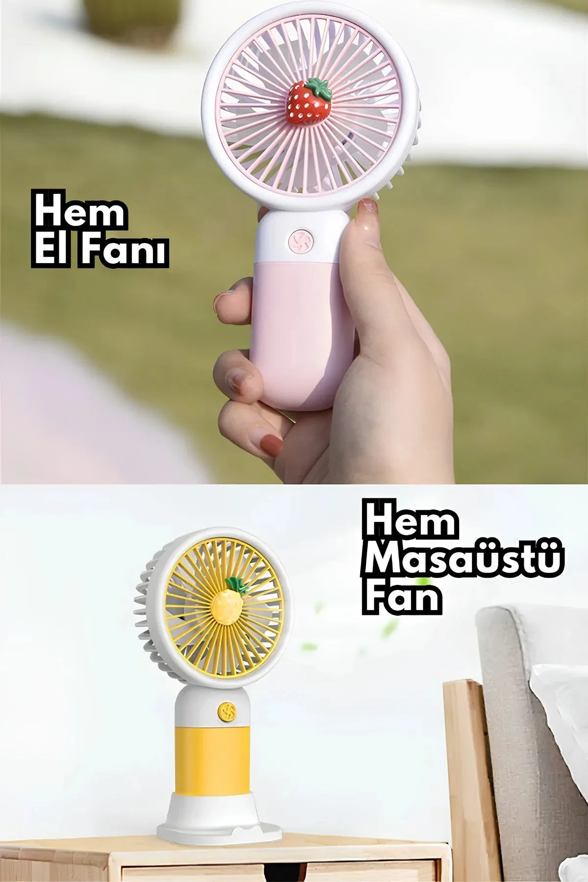 Pembe Meyve Figürlü Şarjlı El ve Masa Fanı, Standı ile Kullanım Kolaylığı Sağlar