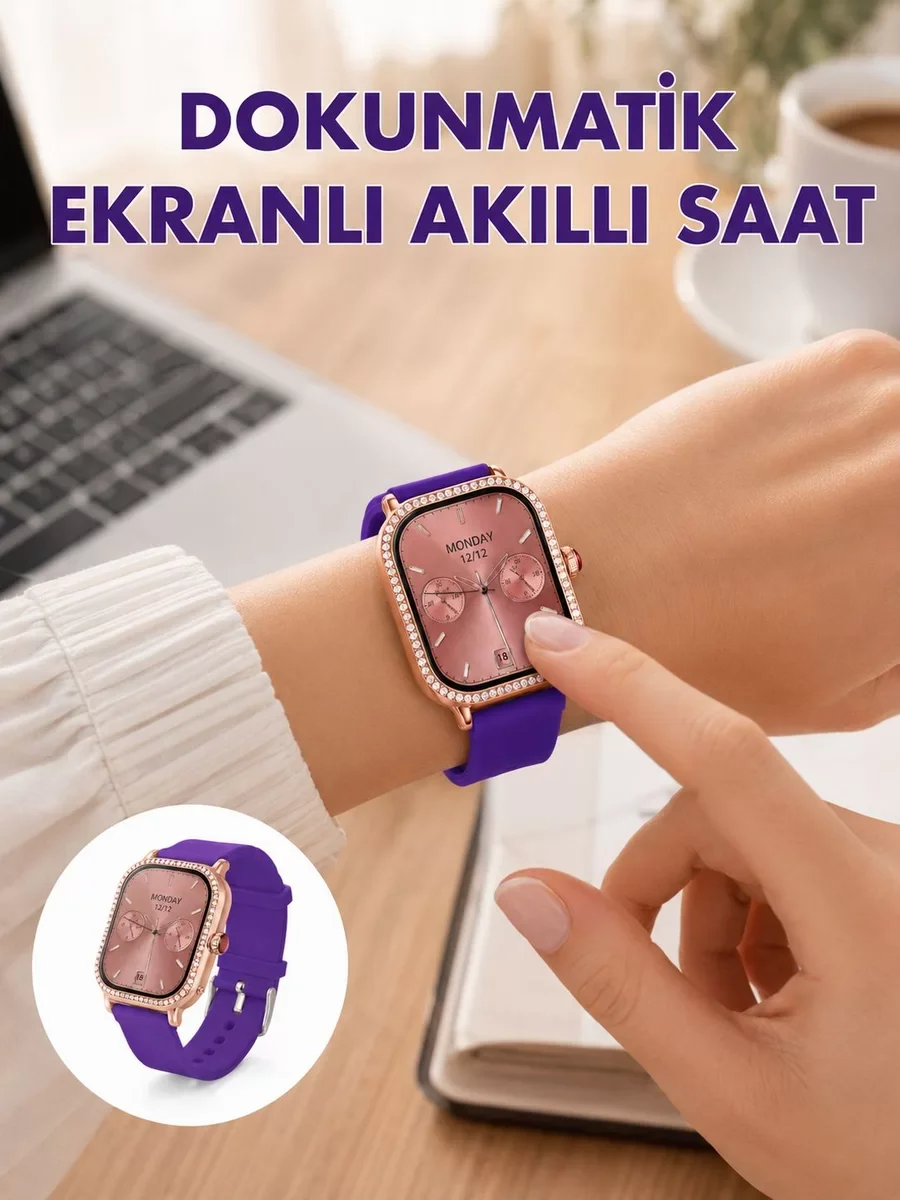 Pembe Mor ve Metal Kordonlu Akıllı Saat Hediye Seti