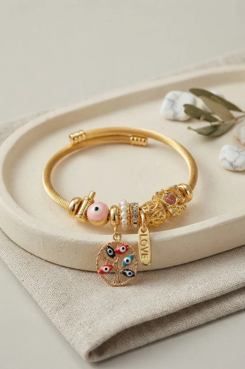 Pembe Nazar Detaylı Ağaç Charmlı Bileklik - Lisinya Diğer