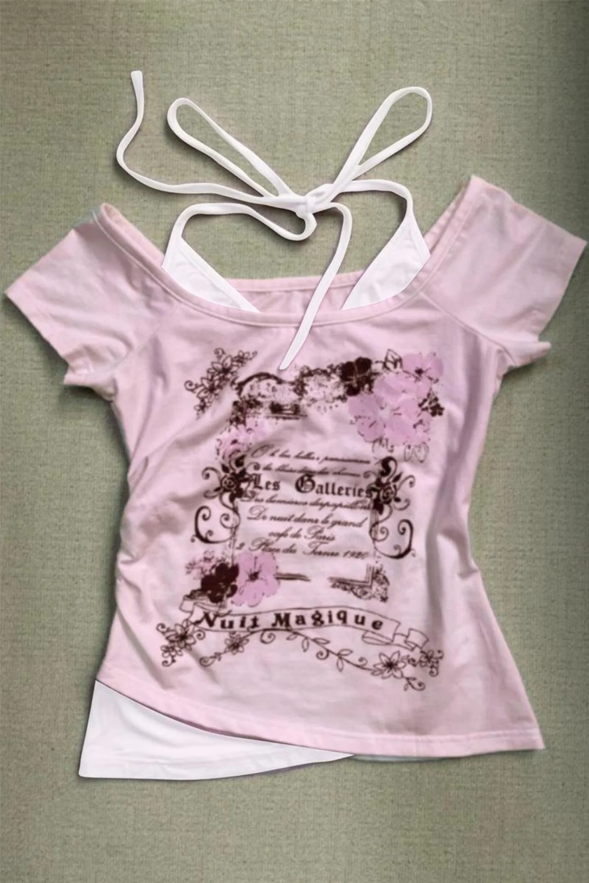 Pembe Nuit Magique Madonna Yaka Ek Askılı Gotik Y2K Kısa Kollu Full Body Crop