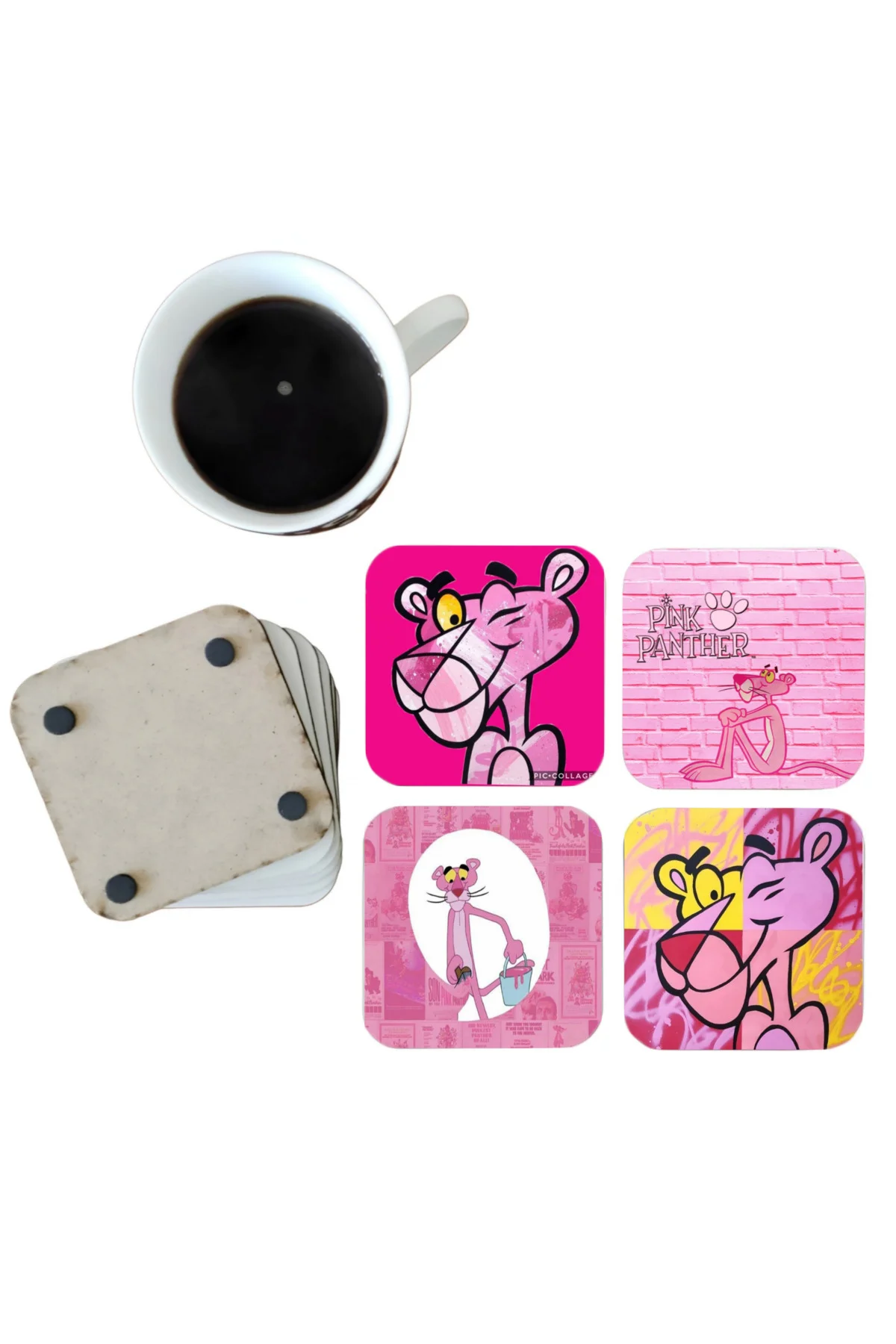 Pembe Panter Dekoratif Ahşap Bardak Altlığı Seti 088