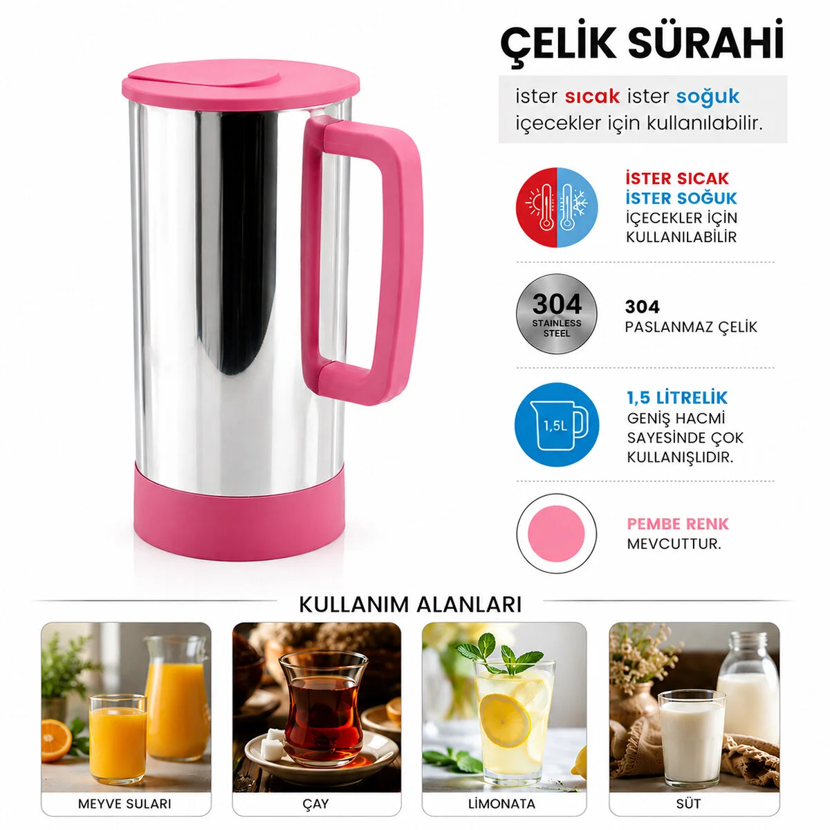 Pembe - Paslanmaz Çelik Sıcak - Soğuk Çelik Sürahi Fiyatı, Yorumları ve Özellikleri