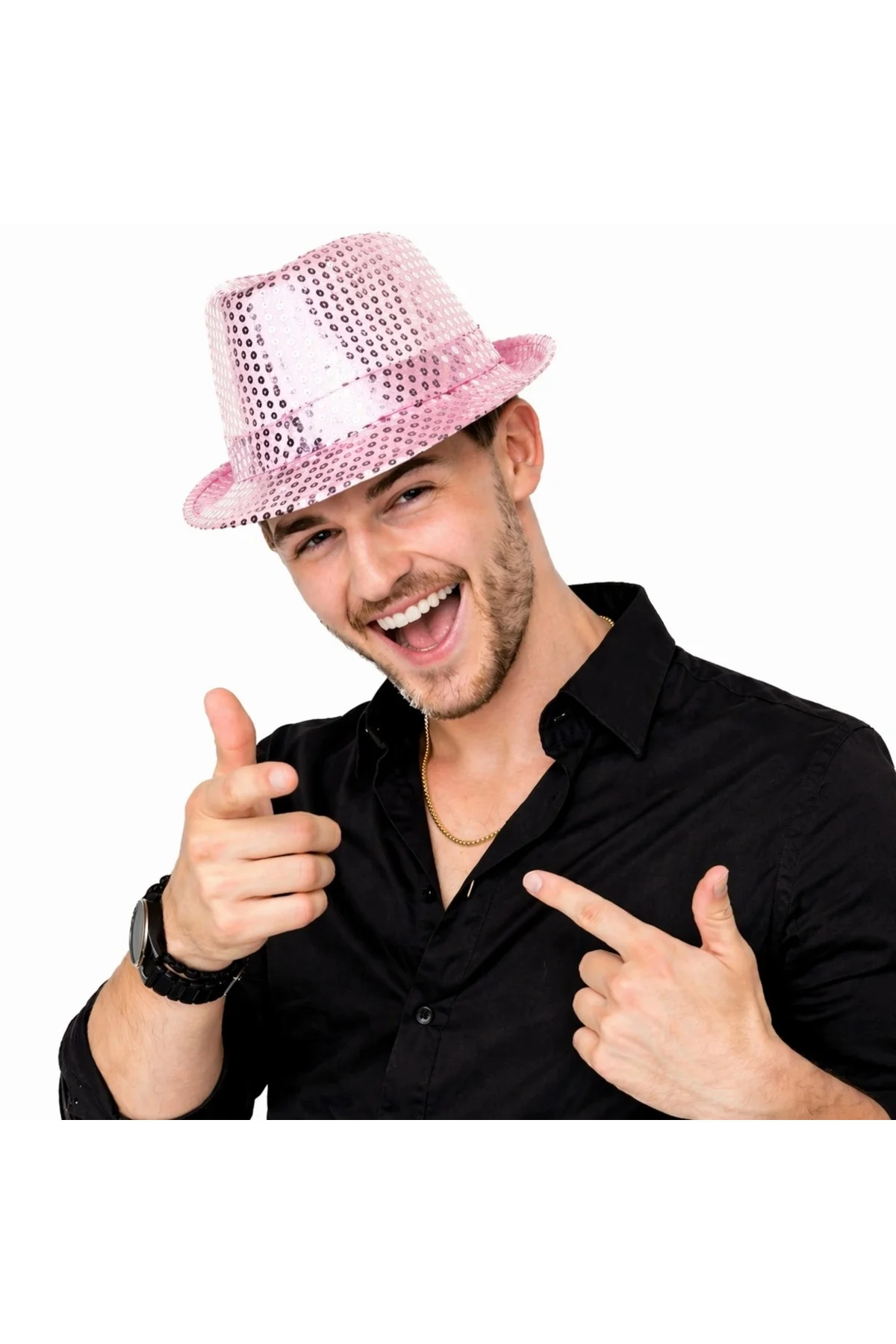 Pembe Payetli Disco Parti Şapkası Yetişkin Işıltılı Fötr Model - Görsel 3