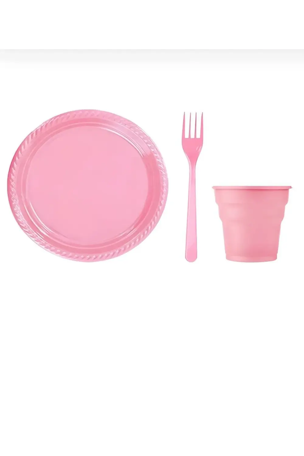 Pembe Plastik Tabak Bardak Çatal Peçete Seti