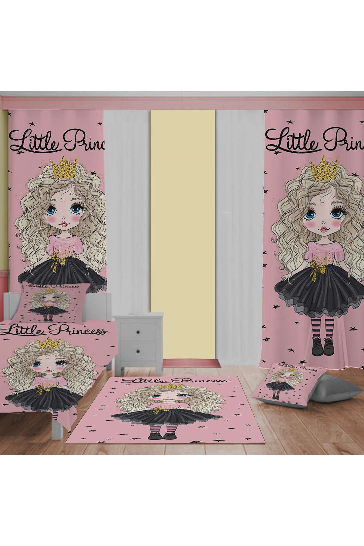 Evan Home Pembe Princess Desenli Çocuk Odası Takım Perde (İki Kanat),Yatak Örtüsü,Yastık,Kırlent ,Halı,