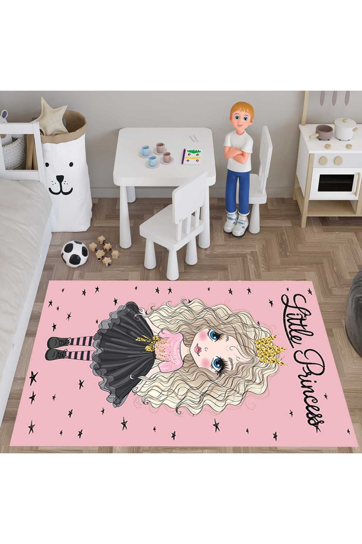 Evan Home Pembe Princess Desenli Çocuk Odası Takım Perde (İki Kanat),Yatak Örtüsü,Yastık,Kırlent ,Halı,