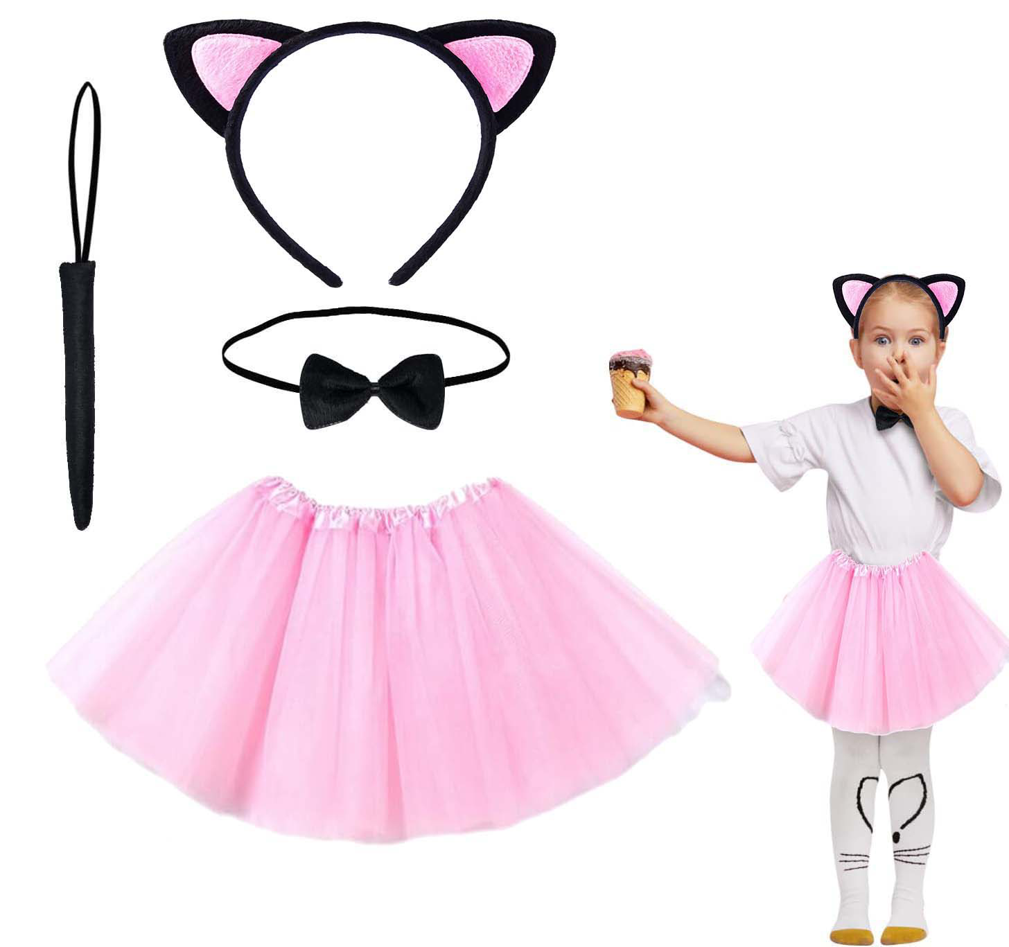 Kedi Kostüm Seti Tütü Taç Papyon ve Kuyruklu Pembe Tasarım