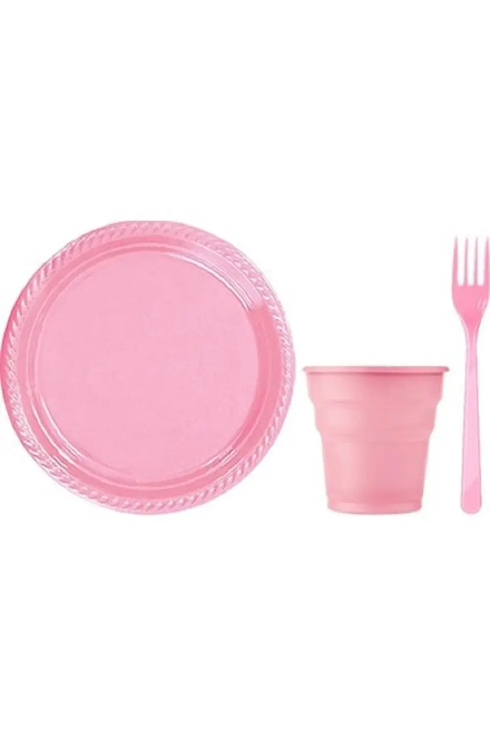 Pembe Renk Plastik Tabak, Bardak, Çatal Seti Parti Piknik Seti